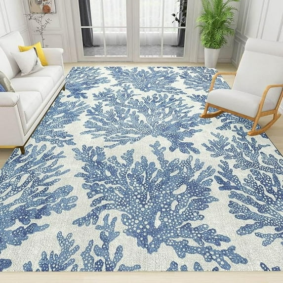 Retro Nautical Theme Coral Area Rugs, Ocean Coral Creature Theme Washable Carpet, Large Non-Slip Machine Washable Decorative Rug For Living Room Bedroom Dining Room Farmhouse 4x5ft