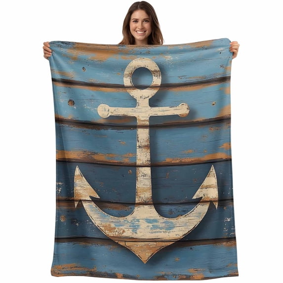 Retro Nautical Throw Blankets, Anchor Wood Texture Soft Fleece Blanket Decorative for Home Sofa Couch Chair Living Bedroom, 50x60 inches, Beige Navy Blue