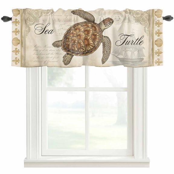 Retro Nautical Valances for Windows Ocean Beige Brown Sea Turtle Seashell Ship Rod Pocket Curtain Valance Window Treatment Short Curtains for Kitchen Living Room, 42"x12"
