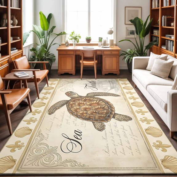 Retro Nautical Washable Area Rug 9 x 12 ft Ocean Beige Brown Sea Turtle Seashell Ship, Soft Non Slip Rugs Stain Repellent Indoor Felt Carpet for Living Dining Room Bedroom Home Office