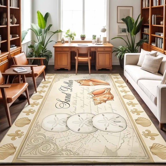 Retro Nautical Washable Area Rug 9 x 12 ft Ocean Beige Sand Dollar Conch Seashell Ship, Soft Non Slip Rugs Stain Repellent Indoor Felt Carpet for Living Dining Room Bedroom Home Office