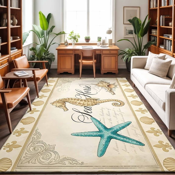 Retro Nautical Washable Area Rug 9 x 12 ft Ocean Beige Seahorse Conch Seashell Ship, Soft Non Slip Rugs Stain Repellent Indoor Felt Carpet for Living Dining Room Bedroom Home Office