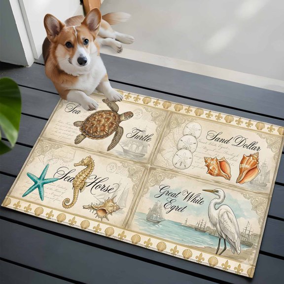 Retro Nautical Washable Entry Rug 2x3 Ocean Sea Turtle Seahorse Starfish Sea Map Low Pile Indoor Door Mat with Rubber Backing Thin Area Rug for for Entrance, Bedroom, Kitchen, Laundry, Bathroom