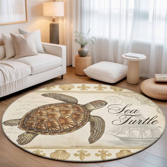 Retro Nautical Washable Round Area Rug 3 ft, Ocean Beige Brown Sea Turtle Seashell Ship, Soft Non Slip Rugs Stain Repellent Indoor Felt Carpet for Living Dining Room Bedroom Home Office