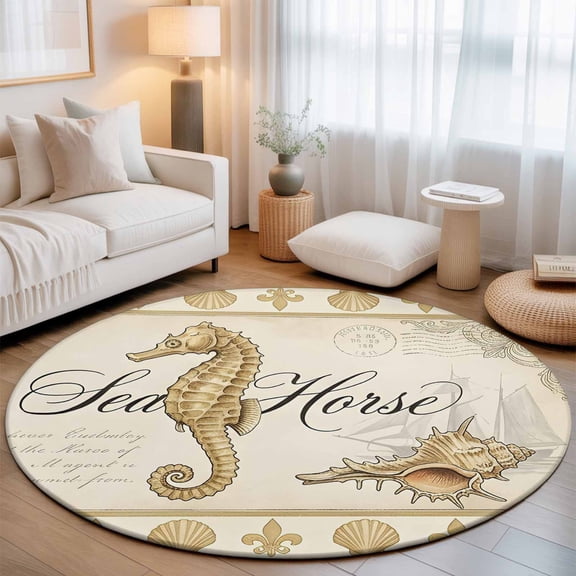 Retro Nautical Washable Round Area Rug 3 ft, Ocean Beige Seahorse Conch Seashell Ship, Soft Non Slip Rugs Stain Repellent Indoor Felt Carpet for Living Dining Room Bedroom Home Office