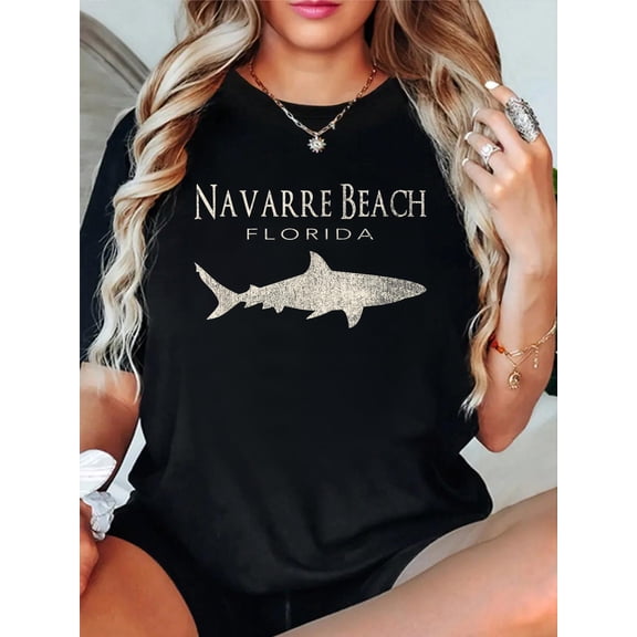 Retro Navarre Beach FL Shark T-Shirt casual short sleeve crew neck cotton tee tops for women