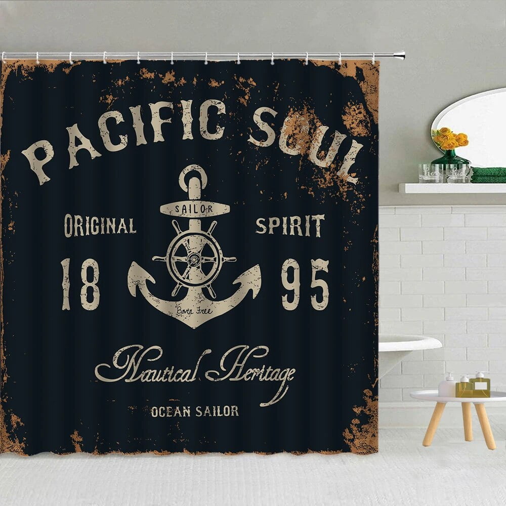 Retro Navigation Anchor Shower Curtain Hot Air Balloon Ripple Sea Waves