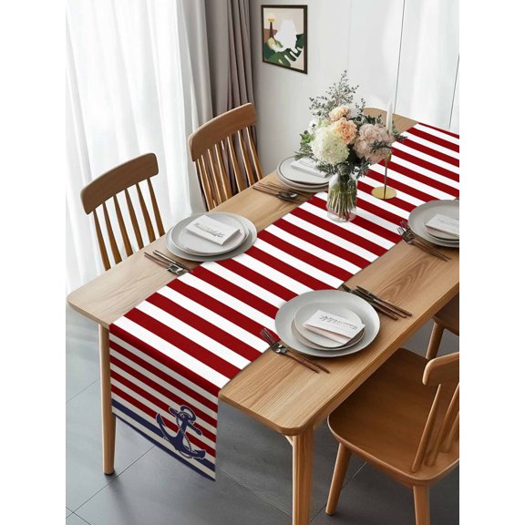 Retro Navy Blue Anchor Nautical Table Runner 13x70in Non-Slip Cotton Linen Table Runners, Classic Red White Stripes Dresser Scarves TableRunner for Dinner Kitchen Dining Wedding Party