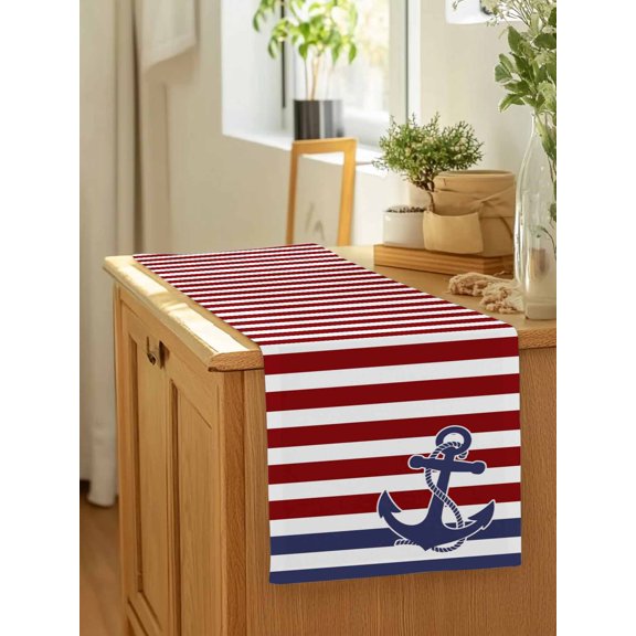 Retro Navy Blue Anchor Nautical Table Runner 13x90in Non-Slip Cotton Linen Table Runners, Classic Red White Stripes Dresser Scarves TableRunner for Dinner Kitchen Dining Wedding Party