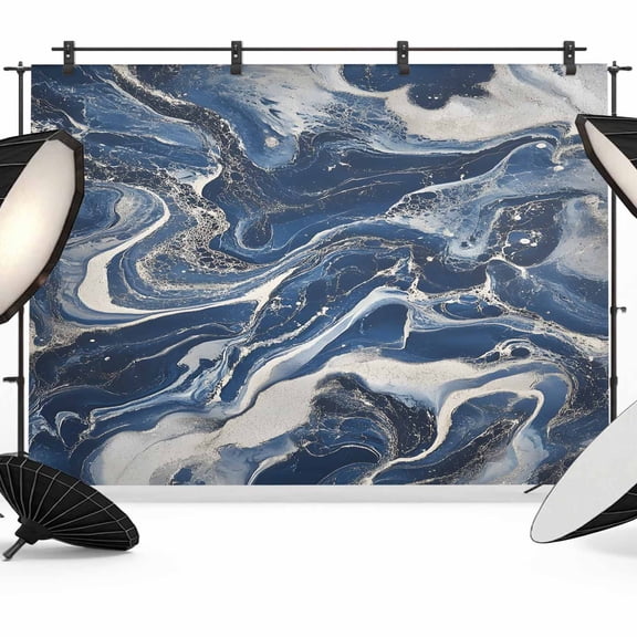 Retro Navy Blue White Backdrop for Photoshoot, Photography Photo Studio Background Wall Backdrop, Marble Abstract Art Back Drop Banner Panel for Portraits Wedding Party Live Streaming Decor 12x8Ft