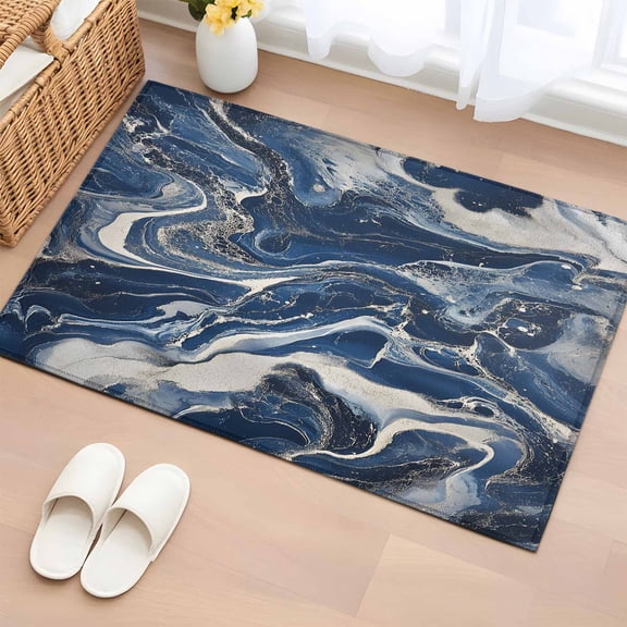 Retro Navy Blue White Bathroom Rug Washable 2x3 Entryway Rug Non Slip Marble Abstract Art Front Door Mat Low Pile Indoor Doormat Throw Floor Carpet for Kitchen Bedroom Entrance