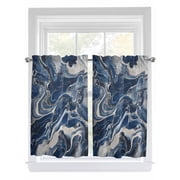 Retro Navy Blue White Kitchen Curtains Tier 45 Inch Length, Marble Abstract Art Rod Pocket Light Filtering Window Curtains Living Room Bedroom Curtain Drapes Cafe Curtain 27.5''x45''x2