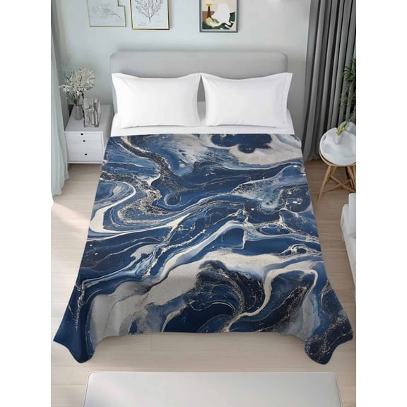 Retro Navy Blue White Queen Size Flat Sheet, Wrinkleproof & Fadeproof Cooling Flat Bed Sheet Only, Marble Abstract Art Breathable Soft Bedding Top Sheets 90 x 102 Inches