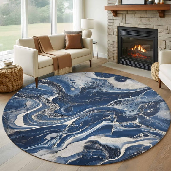 Retro Navy Blue White Round Rug 5ft Washable Circle Kitchen Rugs Non Slip Marble Abstract Art Large Area Rug Indoor Floor Carpet for Bedroom Living Room Home Office Dining Room Nursery