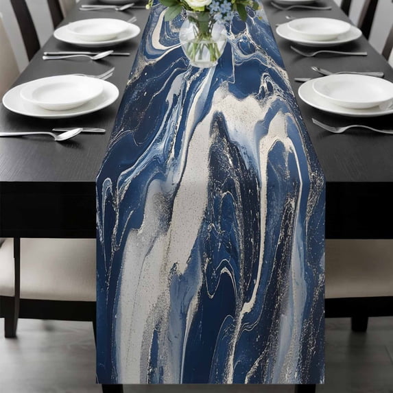 Retro Navy Blue White Table Runner 70 Inches Long, Marble Abstract Art Kitchen Coffee Dining Table Decoration for Home Party Birthday Wedding Home Decor 13x70 Inches