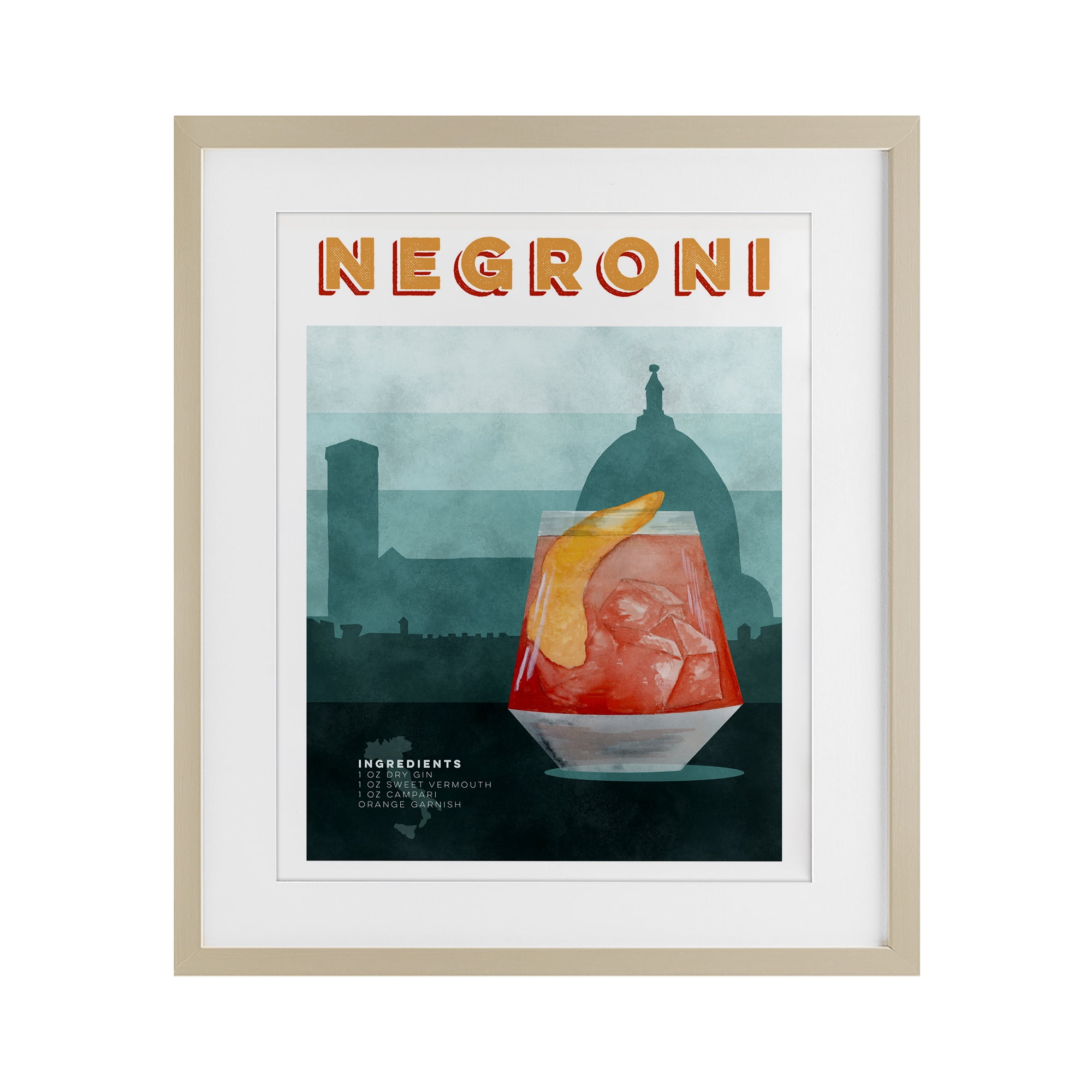 Retro Negroni & Architecture Birch Framed Print Under Glass, design by Brett Blumenthal