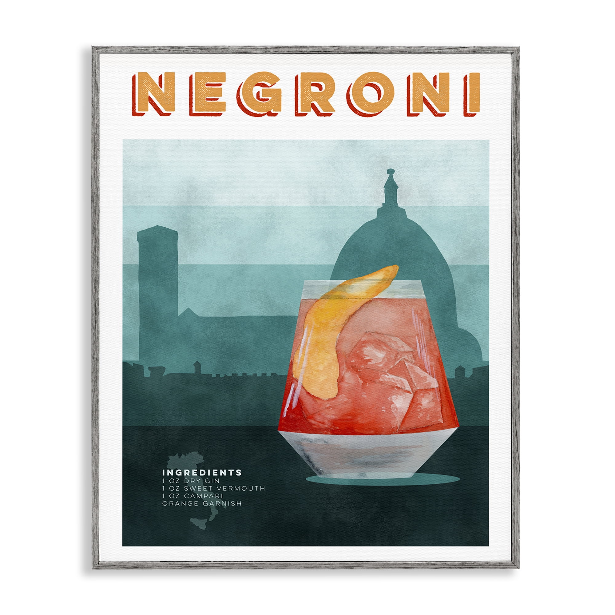 Retro Negroni & Architecture Gray Framed Giclee Art, design by Brett Blumenthal