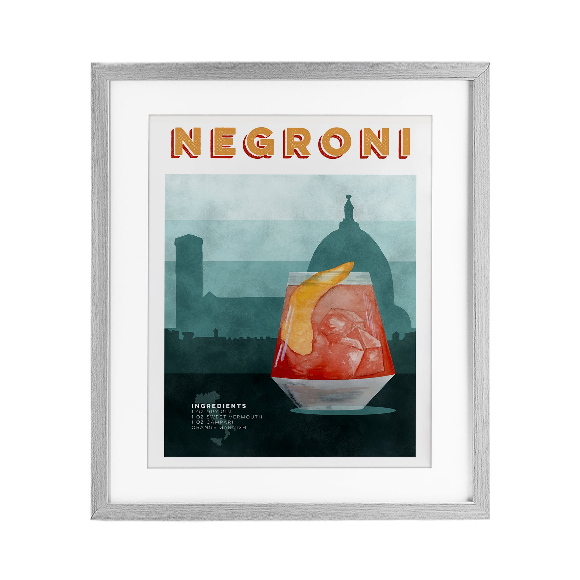 Retro Negroni & Architecture Gray Framed Print Under Glass, design by Brett Blumenthal