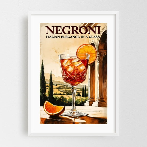 Retro Negroni Art: Timeless Tuscan Charm - Tuscany Italy Illustration Cocktail Italian Vintage Poster Fruit Travel Poster Bar Kitchen Decor White Framed Wall Art Print 5 x 7 inches