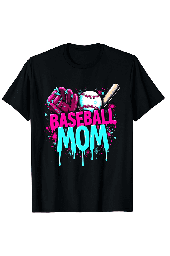 Retro Neon Baseball Mom T-Shirt - Cute Dripping Font Game Day Sports Tee for Women - Pink and Teal Athletic Graphic Apparel