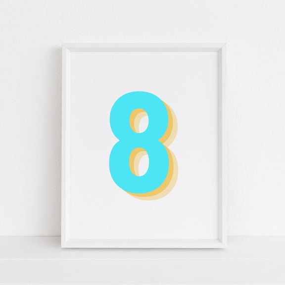 Retro Neon Blue Number 8 Print Monogram Number Eight Print Blue Digit Birthday Age Baby Letter Poster Wall Art