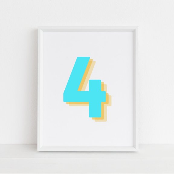 Retro Neon Blue Number Four Monogram Digit Decor Wall Art