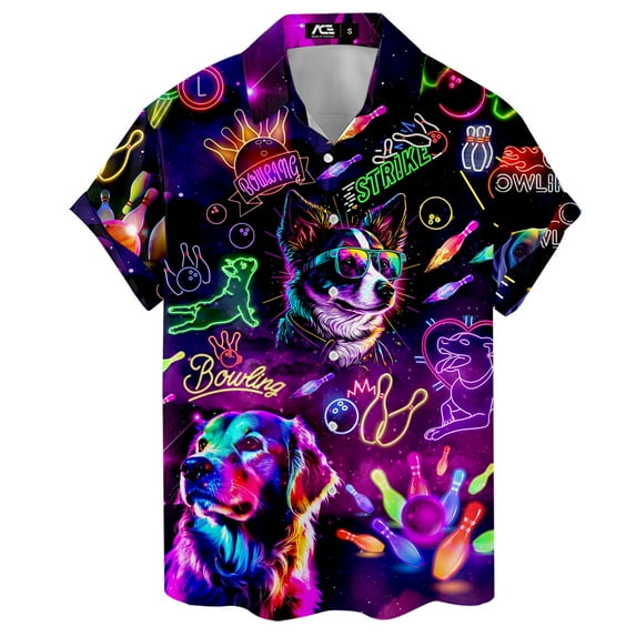 Retro Neon Bowling Dog Hawaiian Shirt For Men Vintage Bowling Shirt Mens Hawaiian Shirts Short Sleeve Button Down Shirt Men TO1