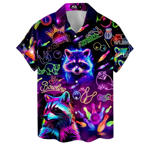 Retro Neon Bowling Raccoon Hawaiian Shirt For Men Vintage Bowling Shirt Mens Hawaiian Shirts Short Sleeve Button Down Shirt