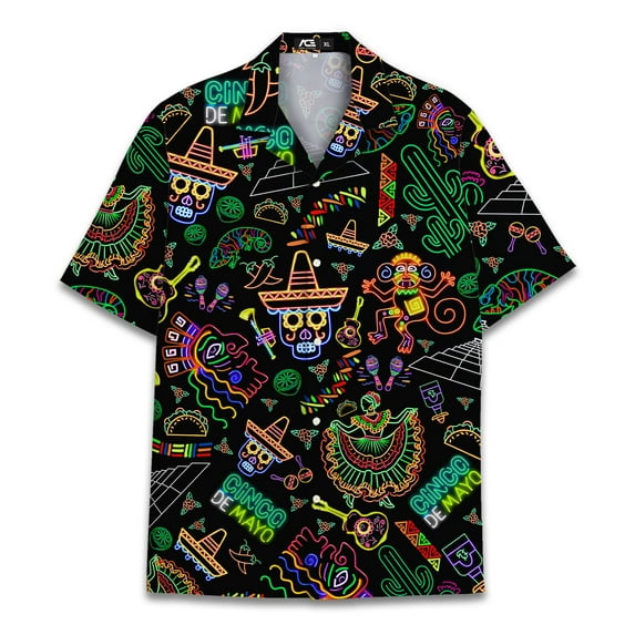 Retro Neon Cinco De Mayo Hawaiian Shirts For Men Casual Floral 80s Mens Hawaiian Shirts Short Sleeve Button Down Shirt 1