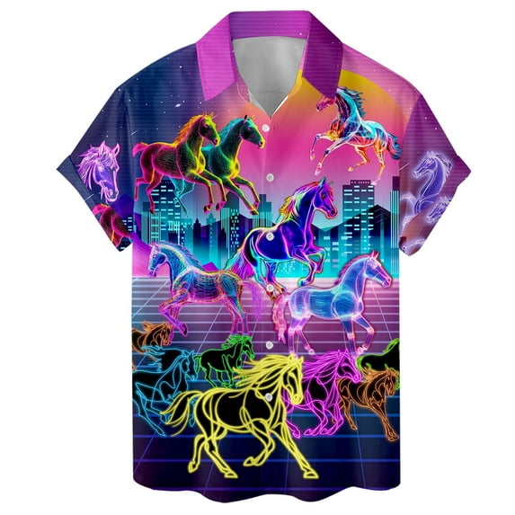 Retro Neon Color Horse Hawaiian Shirts For Men Kentucky Derby Outfits Mens Hawaiian Shirts Short Sleeve Button Down Shirt Men