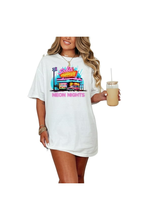 Retro Neon Nights T-Shirt, Vintage 80s Neon Sign Design Tee, Cool Nightlife Graphic Tee, Classic Car Lovers Gift, Unique Retro Art, White Comfort Colors T-Shirt, Large