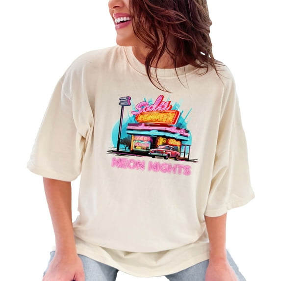 Retro Neon Nights T-Shirt, Vintage 80s Neon Sign Design Tee, Cool Nightlife Graphic Tee, Classic Car Lovers Gift, Unique Retro Art, Ivory Comfort Colors T-Shirt, XL
