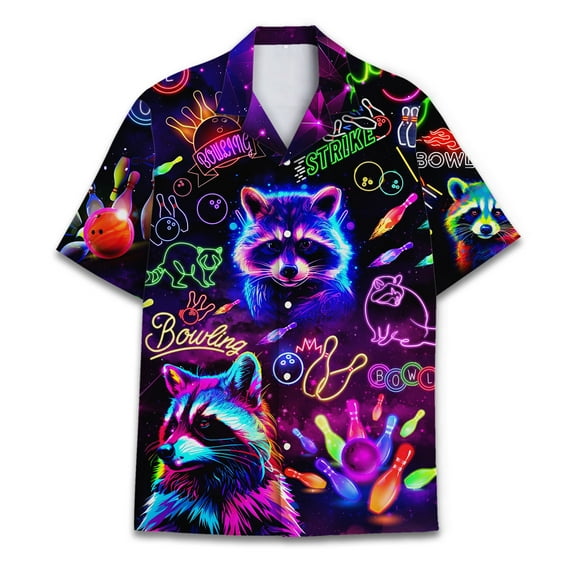 Retro Neon Raccoon Bowling Hawaiian Shirts For Men Cat Neon Short Sleeve Button Down Shirt Men TO1
