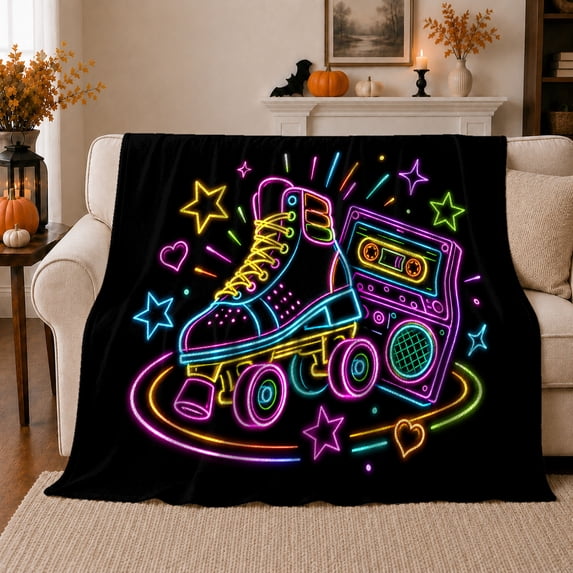 Retro Neon Roller Skate Boombox Pattern Vibrant 80S, Festive Holiday Scene, Warm Flannel Blanket for Living Room and Reading Nook, Art Lovers Christmas Gift, Festive Home Decor