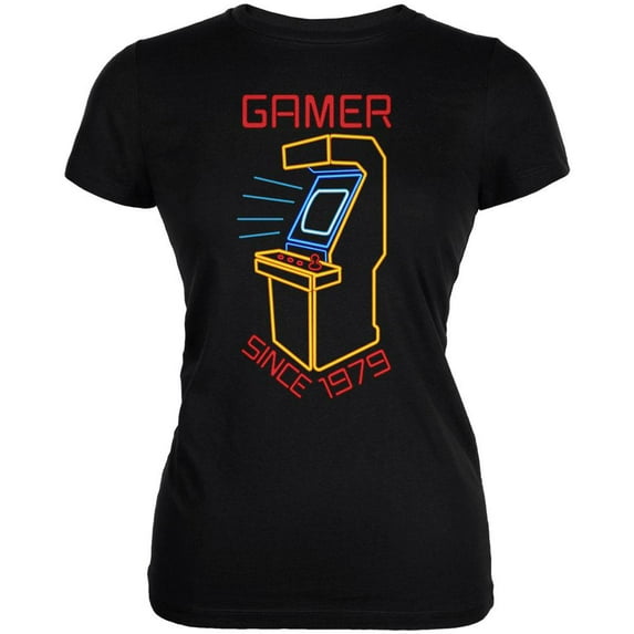 Retro Neon Sign Arcade Birthday 1979 Juniors Soft T Shirt Black X-LG