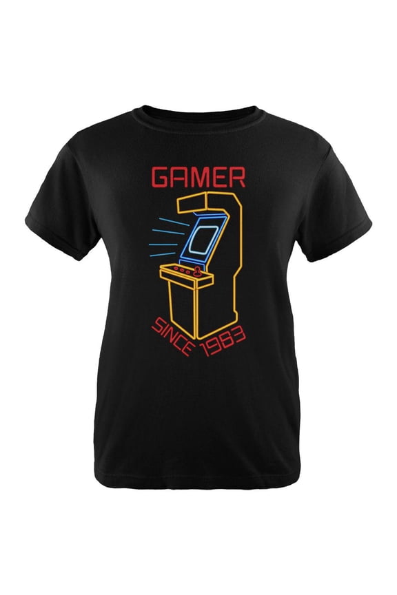 Retro Neon Sign Arcade Birthday 1983 Womens T Shirt Black 2XL