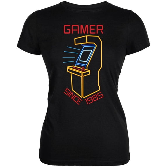 Retro Neon Sign Arcade Birthday 1985 Juniors Soft T Shirt Black MD