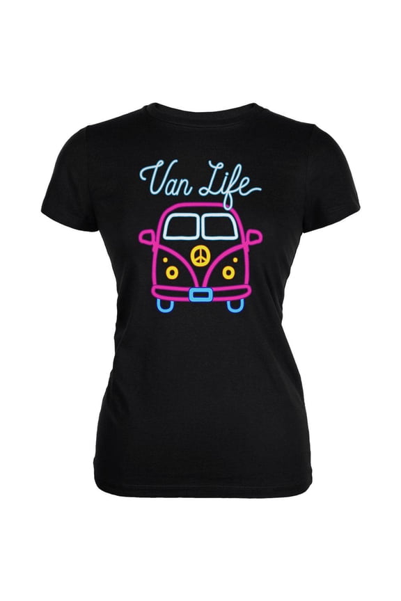 Retro Neon Sign Van Life Bus Juniors Soft T Shirt Black SM