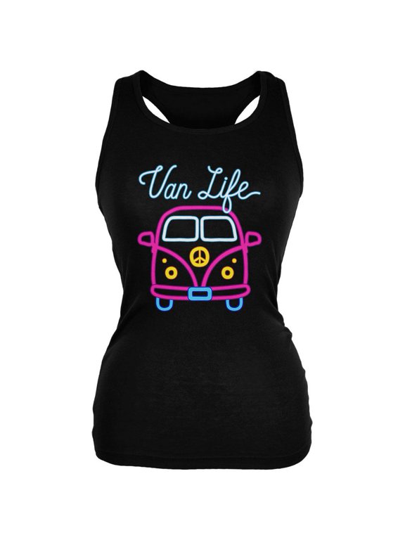 Retro Neon Sign Van Life Bus Juniors Soft Tank Top Black SM