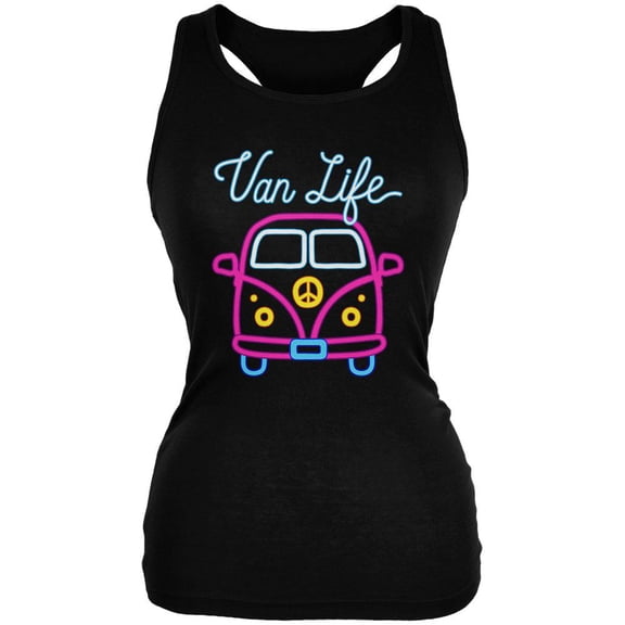 Retro Neon Sign Van Life Bus Juniors Soft Tank Top Black X-LG