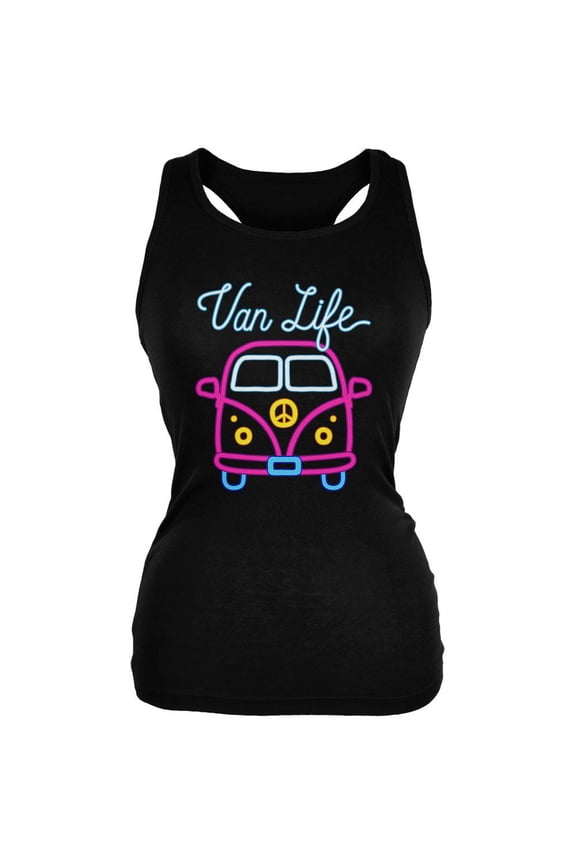Retro Neon Sign Van Life Bus Juniors Soft Tank Top Black X-LG