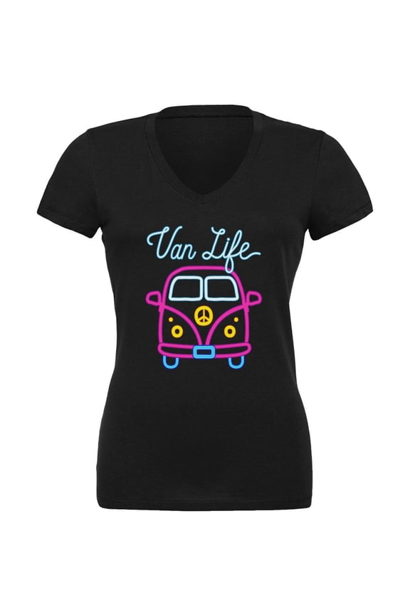 Retro Neon Sign Van Life Bus Juniors V-Neck T Shirt Black LG