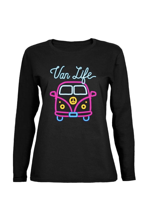 Retro Neon Sign Van Life Bus Ladies' Relaxed Jersey Long-Sleeve Tee Black X-LG