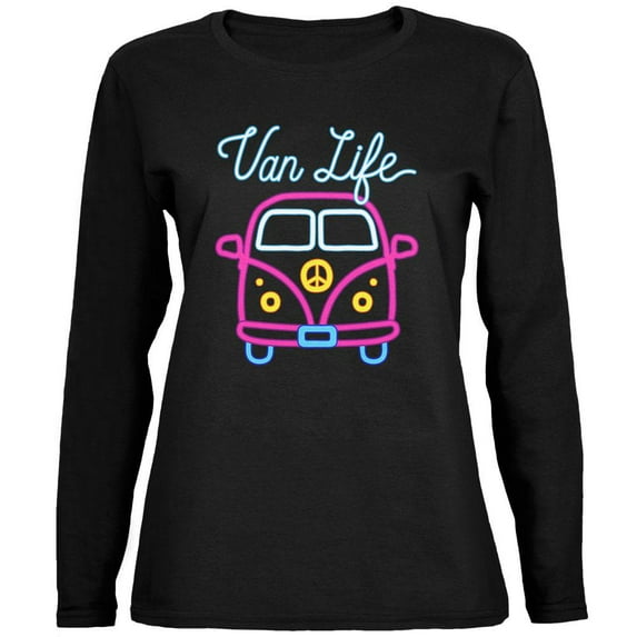 Retro Neon Sign Van Life Bus Ladies' Relaxed Jersey Long-Sleeve Tee Black X-LG