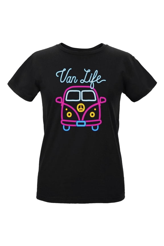 Retro Neon Sign Van Life Bus Womens T Shirt Black MD