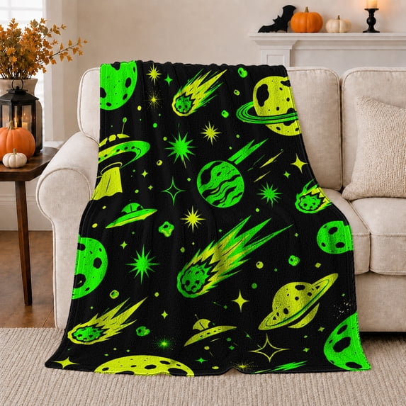 Retro Neon Space Adventure Flying Saucers Planets, Playful Celestial Art Scene, Warm Flannel Blanket for Home Library and Reading Nook, Celestial Art Lovers Housewarming Gift, Fantasy Home Decor