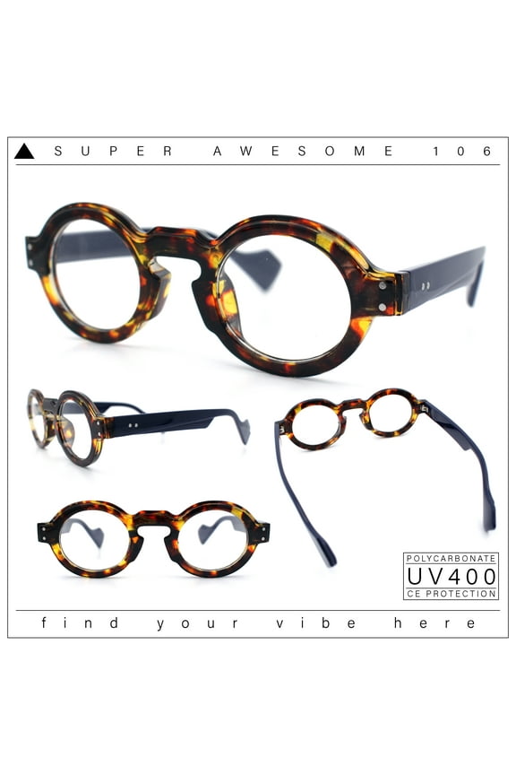 Retro Nerdy Hipster Round Thick Horn Rim Plastic Keyhole Sunglasses Tortoise Navy - Clear