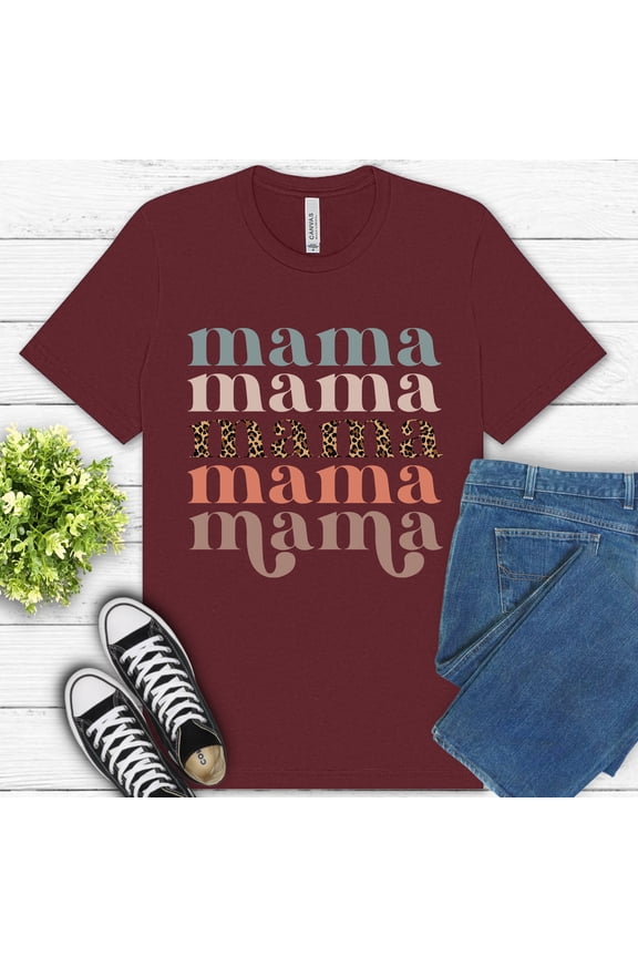 Retro Neutral Mama T-Shirt, Leopard Print Graphic Mom Life Tee, Maroon, L