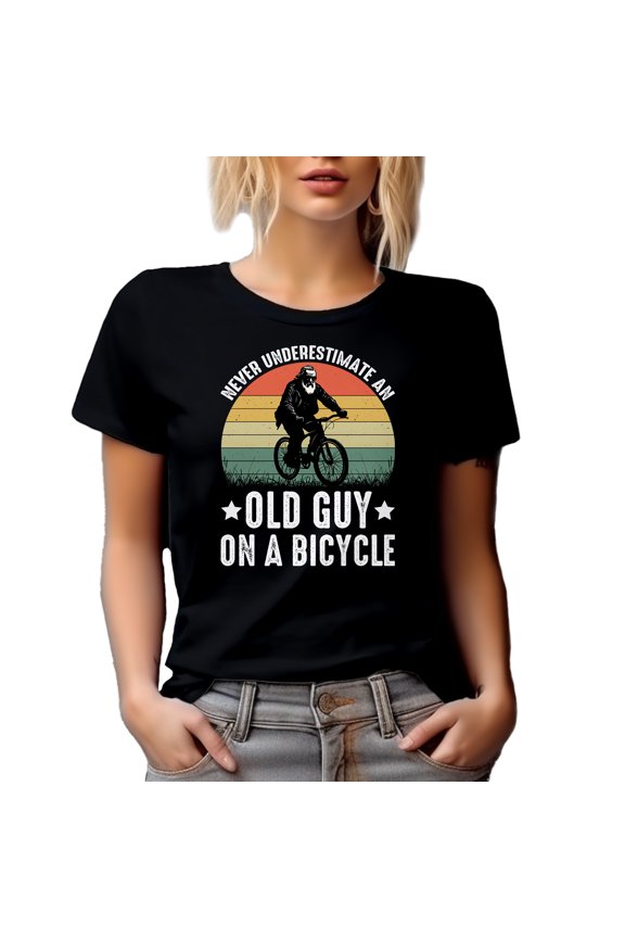 Retro Never Underestimate an Old Guy on a Bicycle - Bicyclist or Biker Grandpa, Black T-Shirt, Large