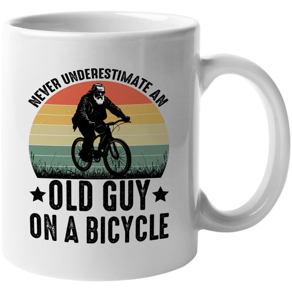 Retro Never Underestimate an Old Guy on a Bicycle, Bicyclist or Biker Grandpa, White 11oz Ceramic Mug